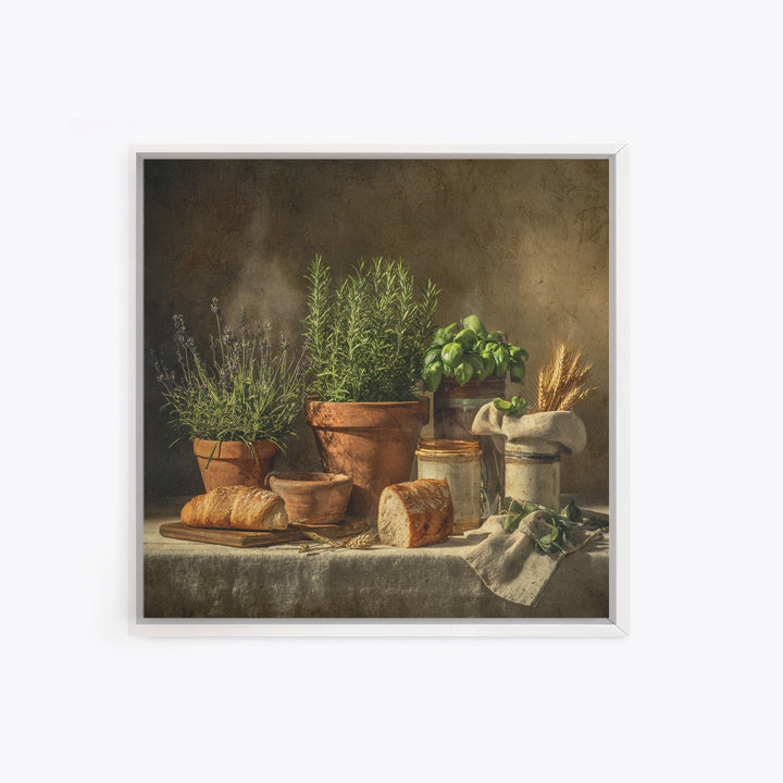 Fresh Herbs in Terracotta Pots Framed Canvas Print, Kitchen Art, Coffee Wall Art, Kitchen Decor, Fine Art, Kitchen, Room Decor, KIT-1x1-1