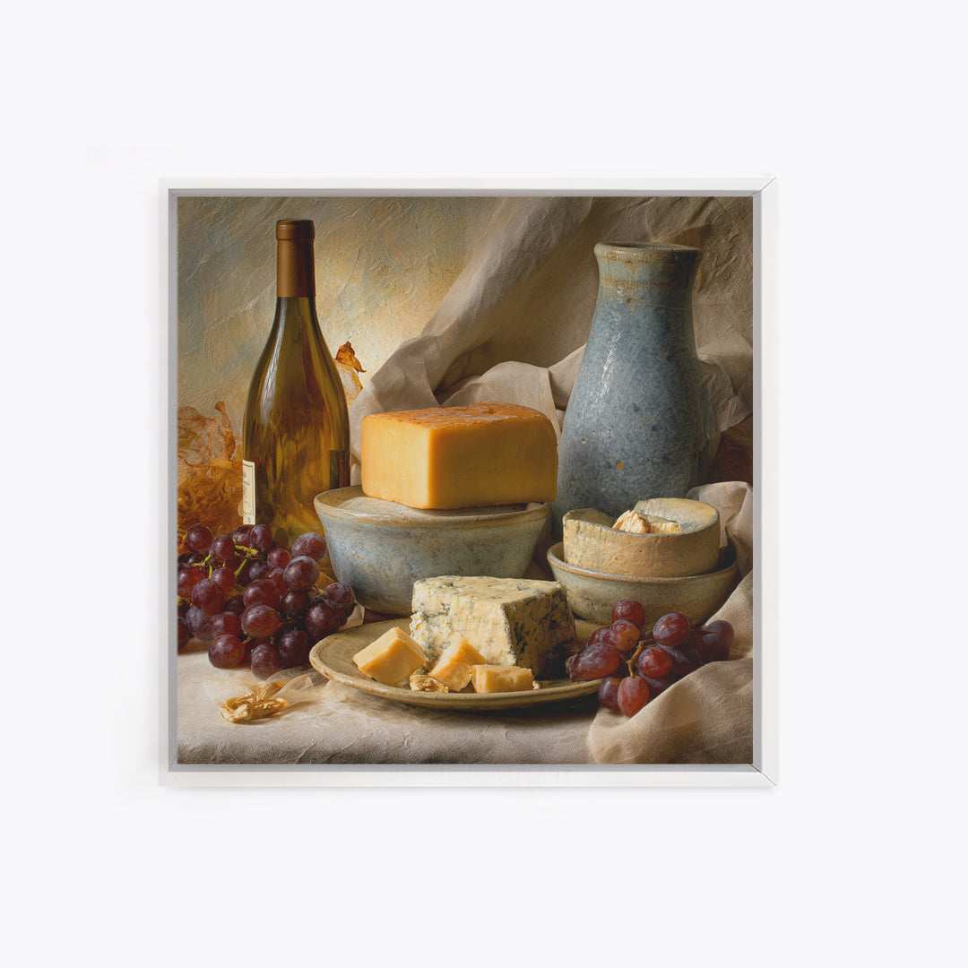 Wine Bottle Grapes and Cheese Still Life Framed Canvas Print, Kitchen Art, Kitchen, Kitchen Decor, Fine Art, Kitchen, KIT-1x1-12