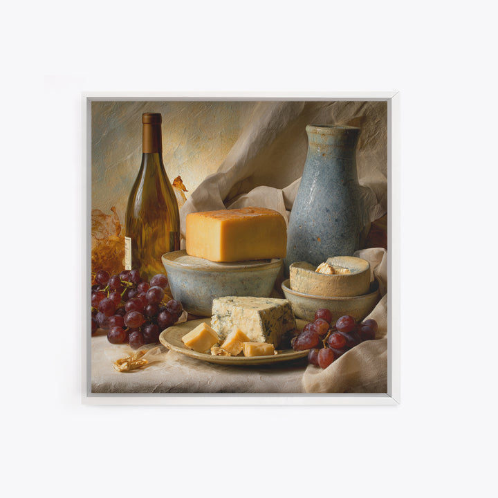 Wine Bottle Grapes and Cheese Still Life Framed Canvas Print, Kitchen Art, Kitchen, Kitchen Decor, Fine Art, Kitchen, KIT-1x1-12