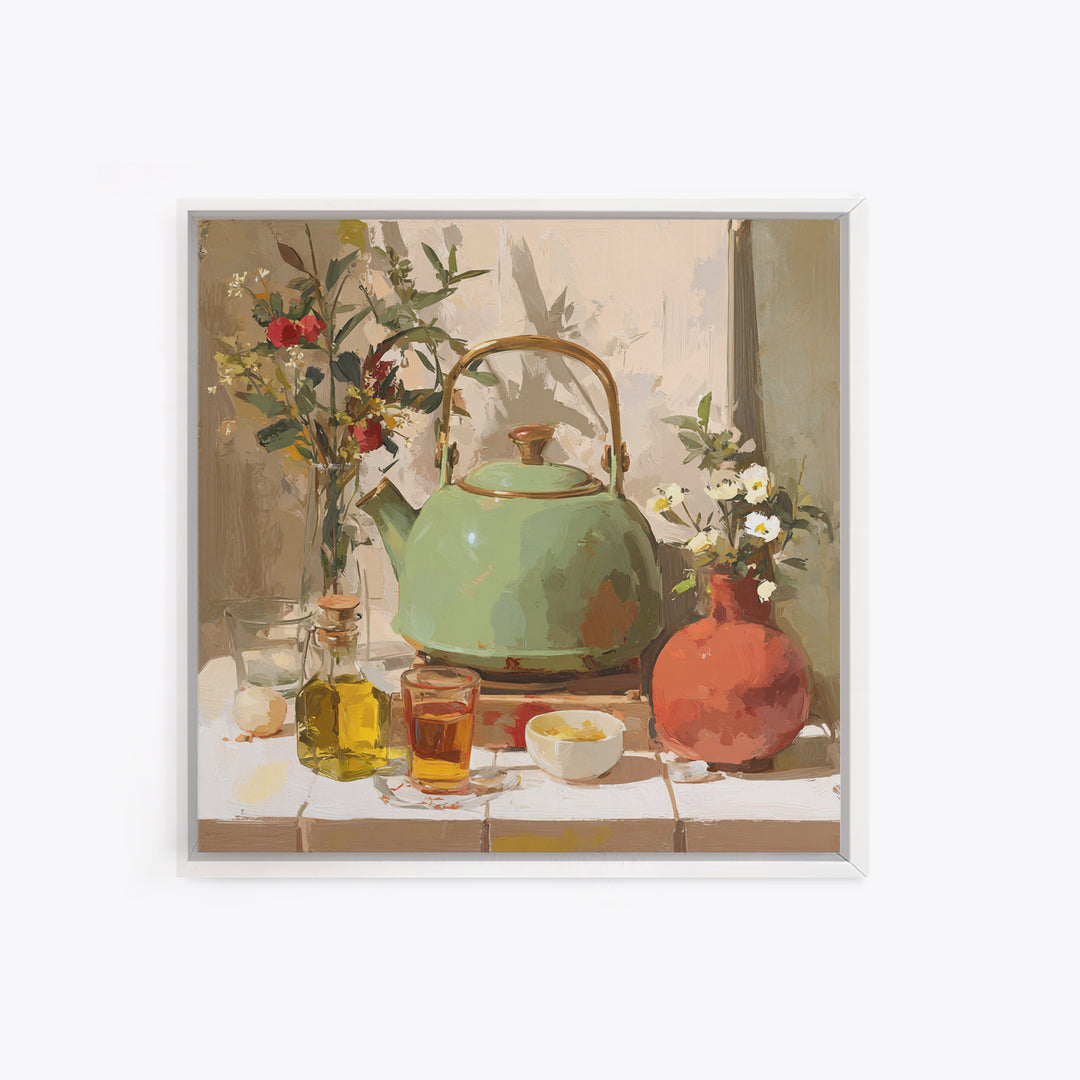 Tea Kettle with Steam and Wildflowers Canvas Print, Kitchen Art, Coffee Art, Kitchen Decor, Fine Art, Kitchen, Fine Art Print, KIT-1x1-14