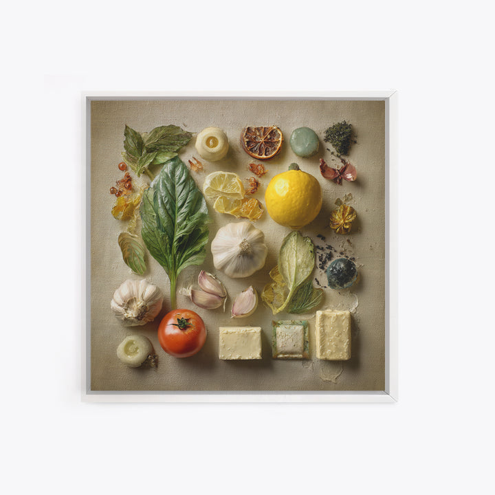 Tomatoes Garlic and Basil on Linen Canvas Print, Kitchen Art, Digital Wall Art, Kitchen Decor, Kitchen, Kitchen Prints, KIT-1x1-3