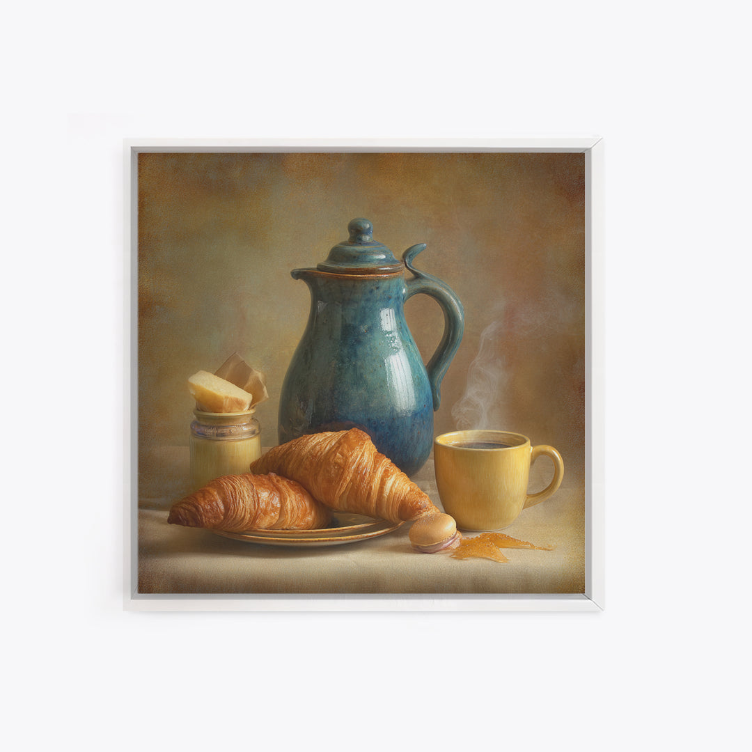 Coffee Pot and Croissant Morning Still Life Canvas Print, Kitchen Art, Kitchen Decor, Fine Art, Kitchen, Kitchen Art Print, KIT-1x1-31