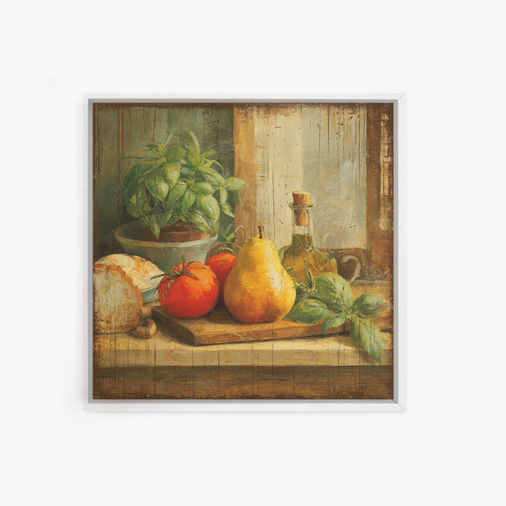 Farmhouse Pears on a Wooden Board Framed Canvas Print, Kitchen Art, Statement Artwork, Kitchen Decor, Abstract Art, Kitchen, KIT-1x1-33