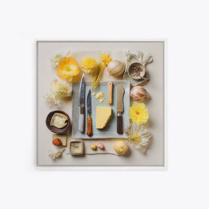 Chef Knives and Herbs Arranged as Graphic Framed Canvas Print, Kitchen Art, Kitchen Print, Kitchen Decor, Watercolor Art, KIT-1x1-34
