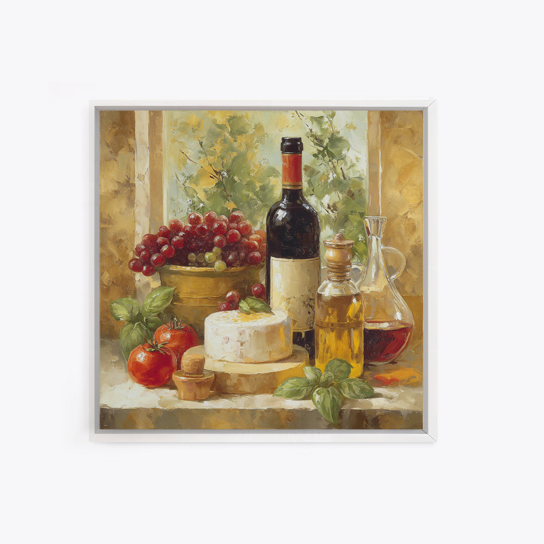 Wine Bottle Grapes and Cheese Still Life Canvas Print, Kitchen Art, Printable Wall Art, Kitchen Decor, Watercolor Art, Kitchen, KIT-1x1-36