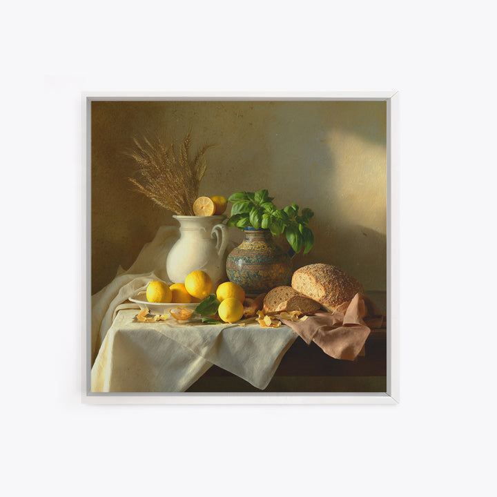 Pasta Lemons and Basil Mediterranean Still Life Framed Canvas Print, Kitchen Art, Gallery Decor, Kitchen Decor, Kitchen, KIT-1x1-41