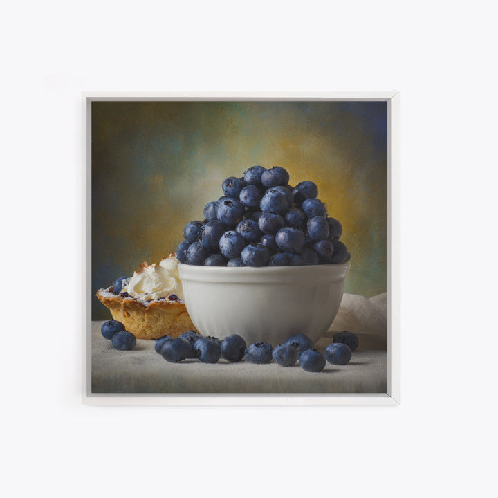 Blueberries in a White Bowl Framed Canvas Print, Kitchen Art, Modern Art, Kitchen Decor, Oil Painting, Kitchen, Neutral Decor, KIT-1x1-43
