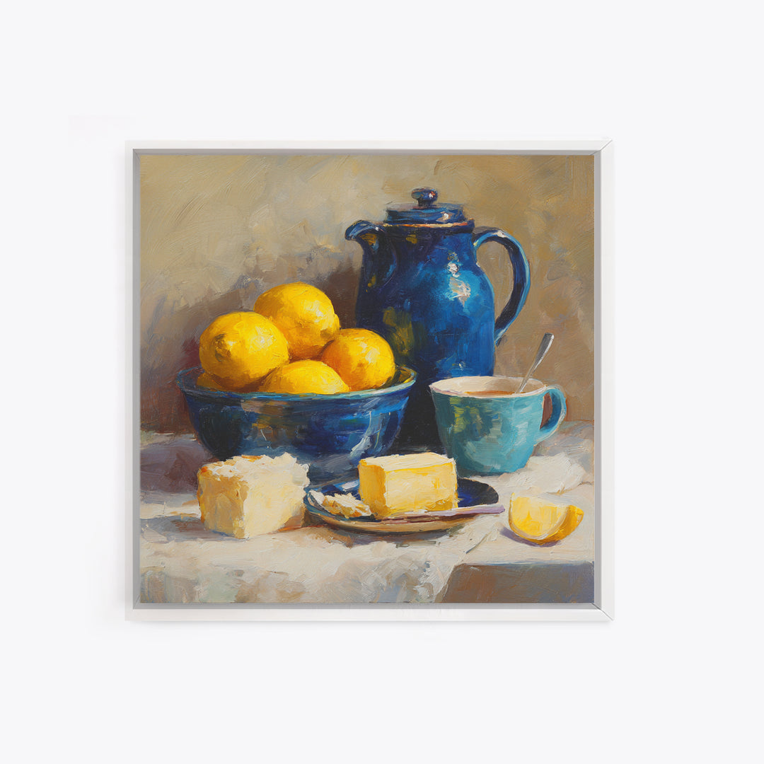 Lemons and Blue Ceramic Bowl Still Life Canvas Print, Kitchen Art, Trendy Wall Art, Kitchen Decor, Fine Art, Kitchen, KIT-1x1-50