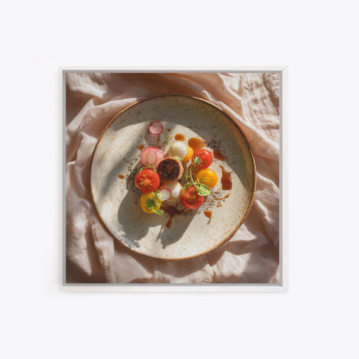 Tomatoes Garlic and Basil on Linen Framed Canvas Print, Kitchen Art, Coffee Wall Art, Kitchen Decor, Abstract Art, Kitchen, KIT-1x1-51