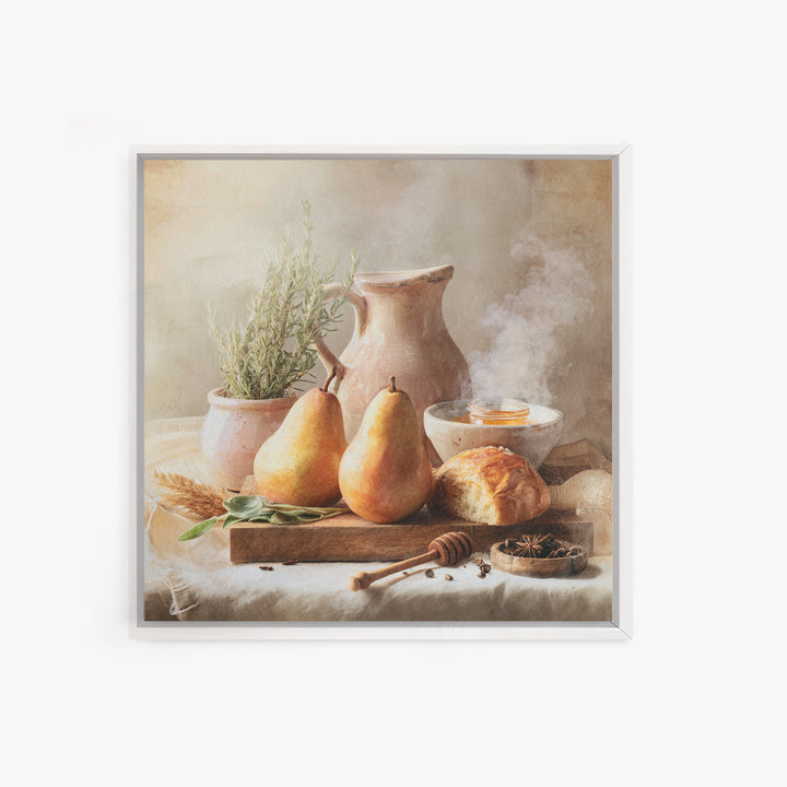 Farmhouse Pears on a Wooden Board Framed Canvas Print, Kitchen Art, Statement Artwork, Kitchen Decor, Abstract Art, Kitchen, KIT-1x1-57