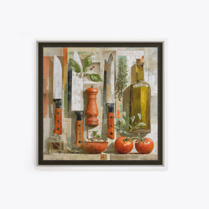 Chef Knives and Herbs Arranged as Graphic Framed Canvas Print, Kitchen Art, Kitchen Print, Kitchen Decor, Watercolor Art, KIT-1x1-58