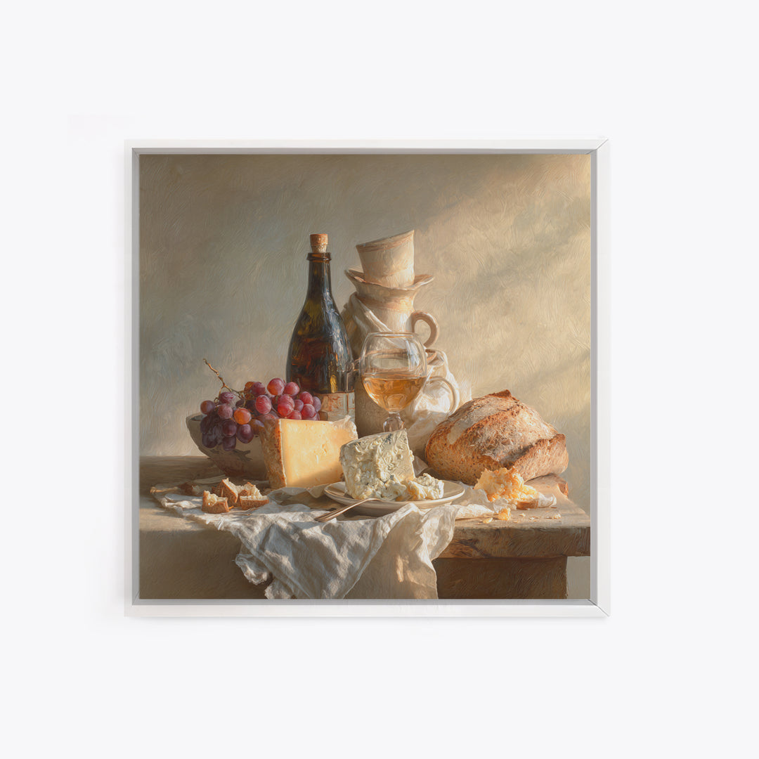Wine Bottle Grapes and Cheese Still Life Canvas Print, Kitchen Art, Minimalist Wall Art, Kitchen Decor, Fine Art, Kitchen, KIT-1x1-60