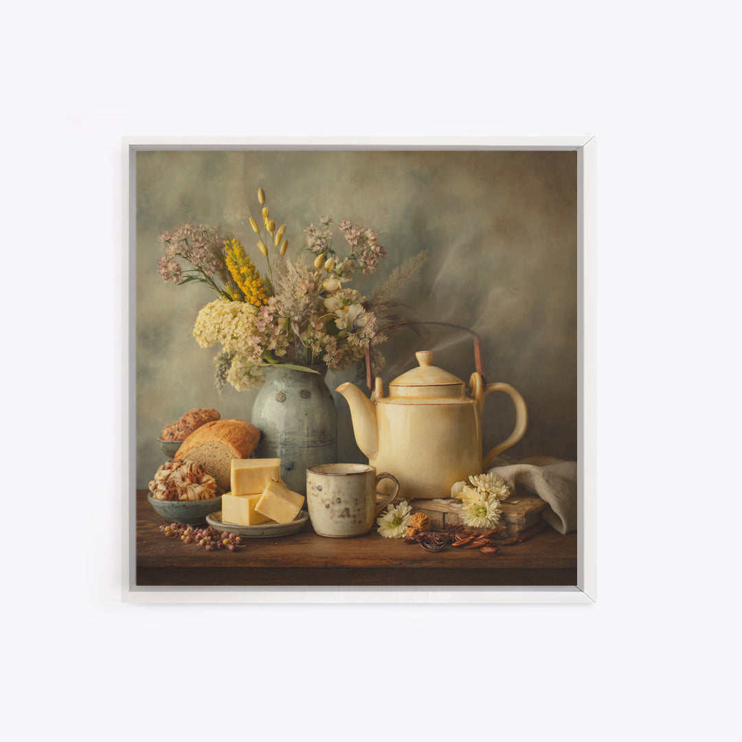 Tea Kettle with Steam and Wildflowers Framed Canvas Print, Kitchen Art, Coffee Wall Art, Kitchen Decor, Fine Art, Kitchen, KIT-1x1-62