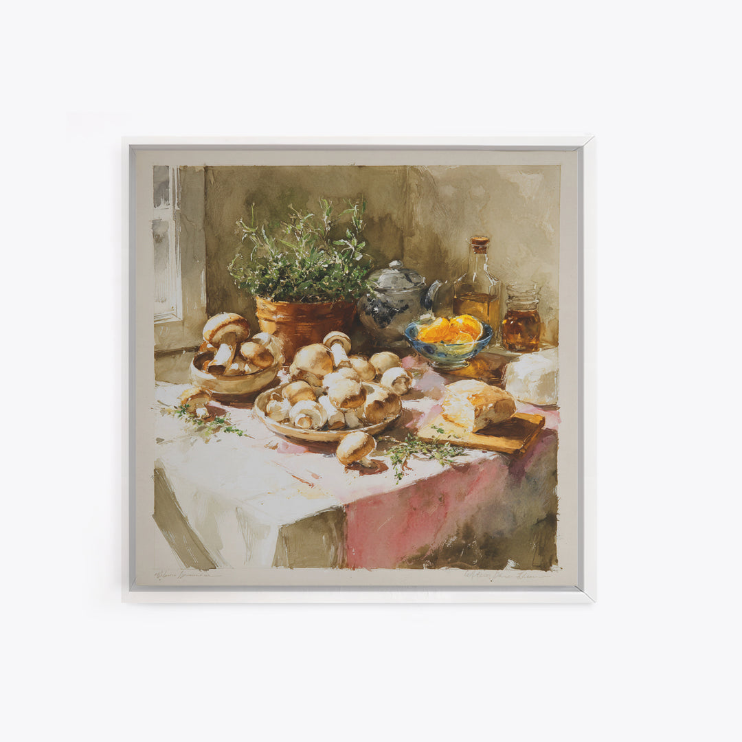 Mushrooms and Thyme Botanical Study Framed Canvas Print, Kitchen Art, Bar Cart Decor, Kitchen Decor, Oil Painting, Kitchen, KIT-1x1-63