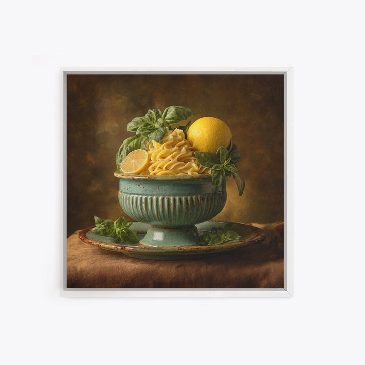 Pasta Lemons and Basil Mediterranean Still Life Framed Canvas Print, Kitchen Art, Gallery Decor, Kitchen Decor, Kitchen, KIT-1x1-65