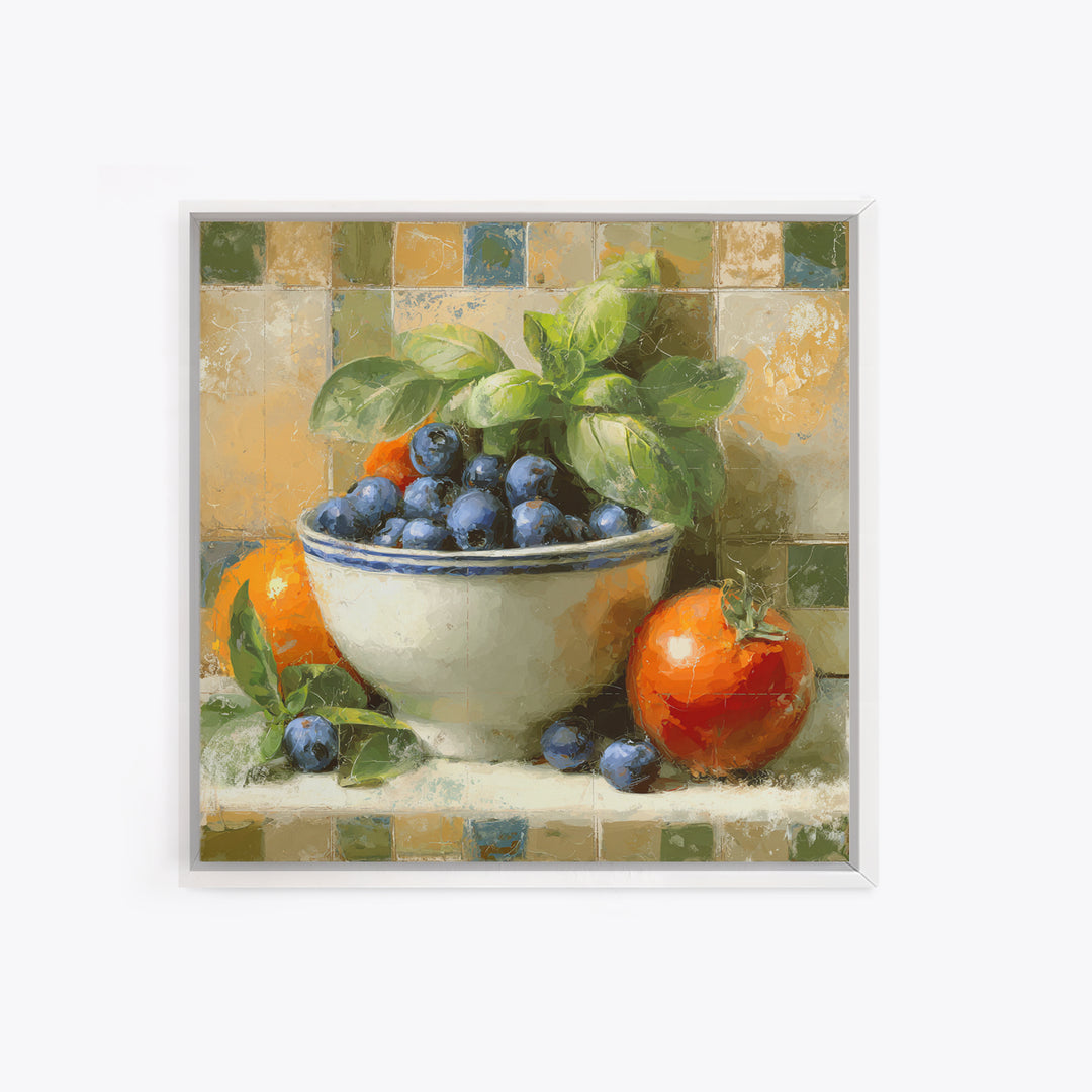 Blueberries in a White Bowl Framed Canvas Print, Kitchen Art, Gallery Decor, Kitchen Decor, Fine Art, Kitchen, Contemporary Art, KIT-1x1-67