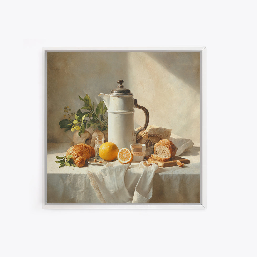 Coffee Pot and Croissant Morning Still Life Framed Canvas Print, Kitchen Art, Art Deco, Kitchen Decor, Fine Art, Kitchen, KIT-1x1-7