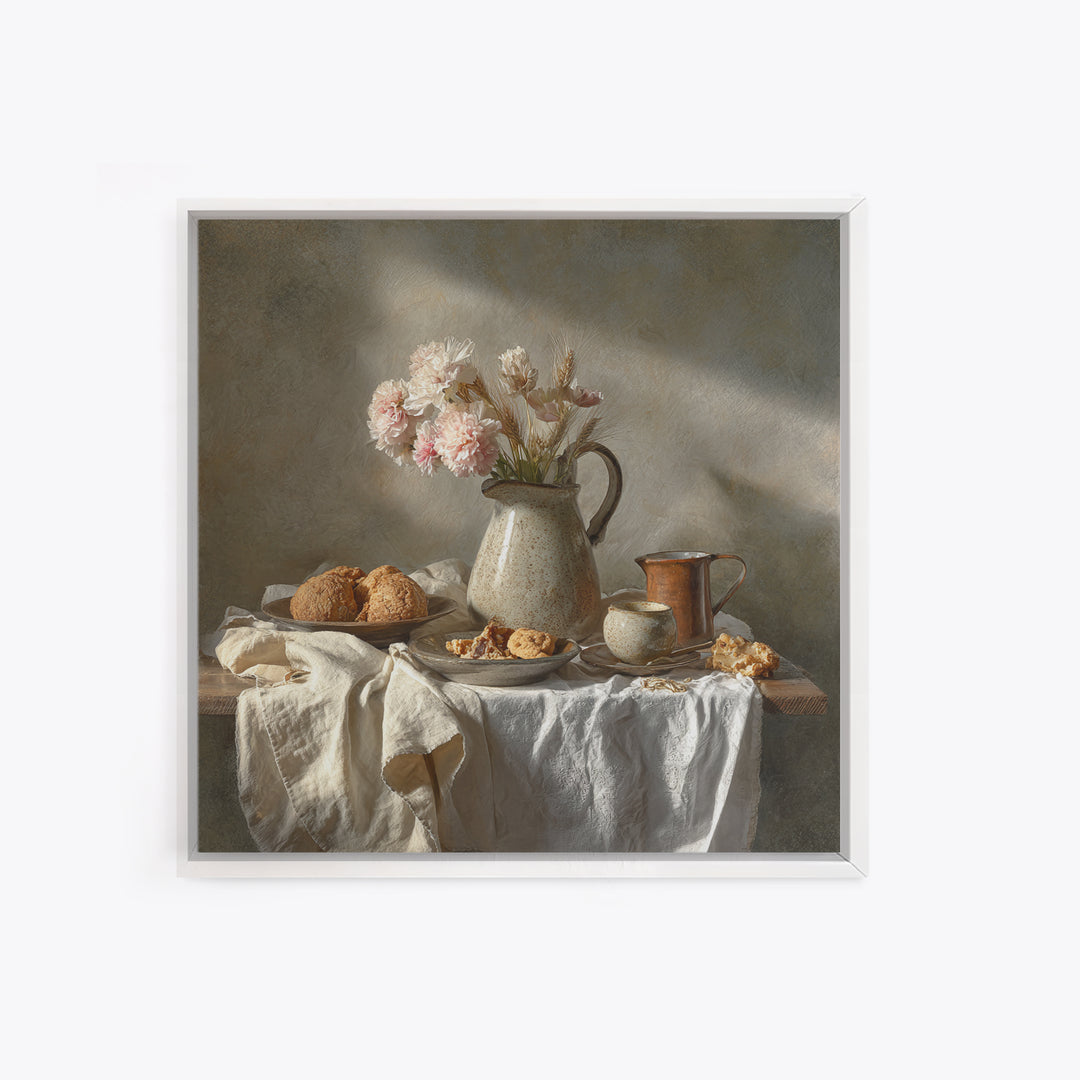Floral Bouquet in a Kitchen Pitcher Framed Canvas Print, Kitchen Art, Dining Room Wall Art, Kitchen Decor, Fine Art, Kitchen, KIT-1x1-72