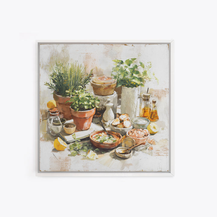 Fresh Herbs in Terracotta Pots Framed Canvas Print, Kitchen Art, Art Print, Kitchen Decor, Watercolor Art, Kitchen, Art Prints, KIT-1x1-73