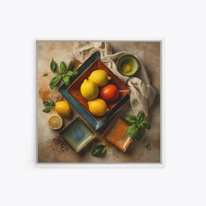 Lemons and Blue Ceramic Bowl Still Life Framed Canvas Print, Kitchen Art, Bar Cart Decor, Kitchen Decor, Fine Art, Kitchen, KIT-1x1-74