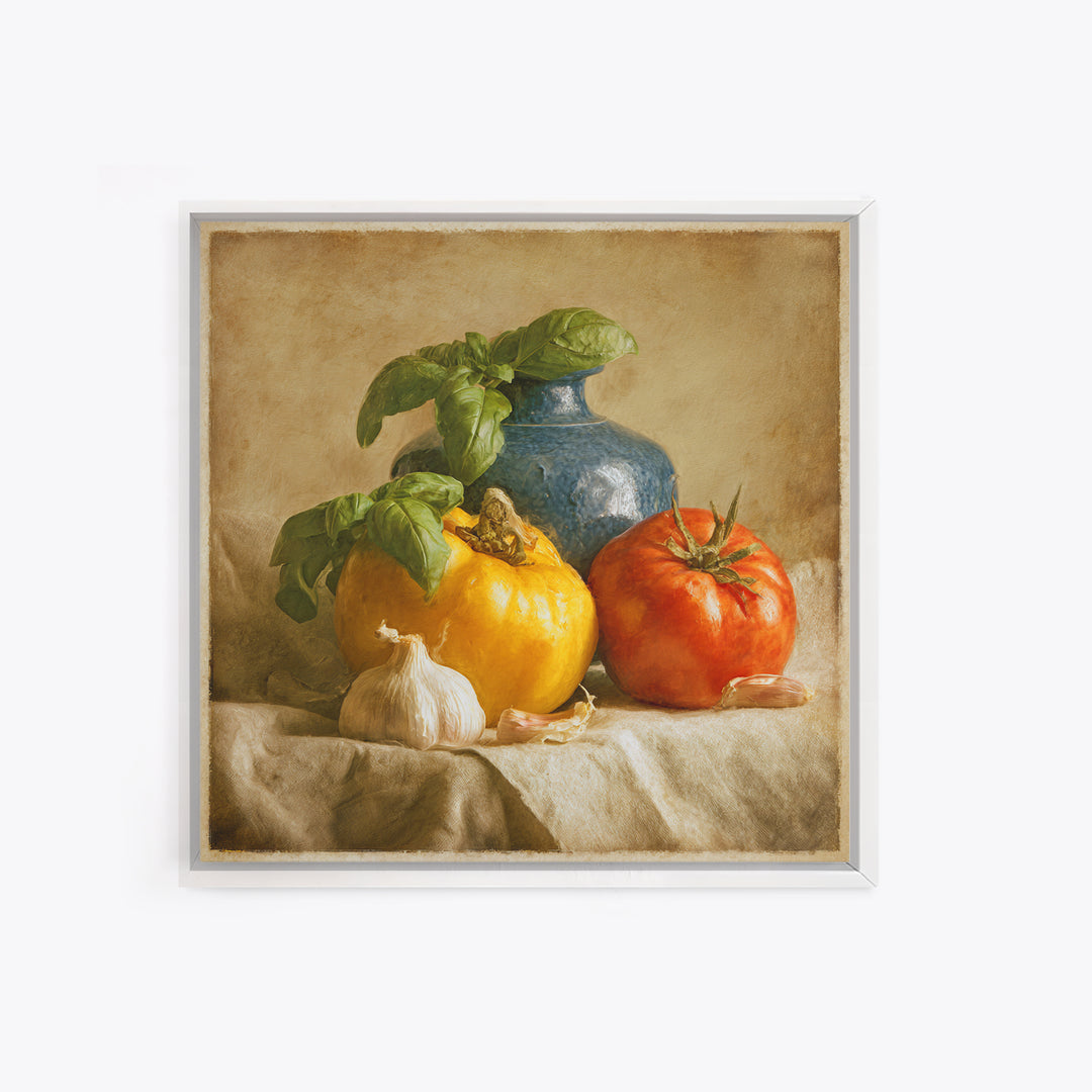 Tomatoes Garlic and Basil on Linen Canvas Print, Kitchen Art, Modern Decor, Kitchen Decor, Abstract Art, Kitchen, Home Decor, KIT-1x1-75
