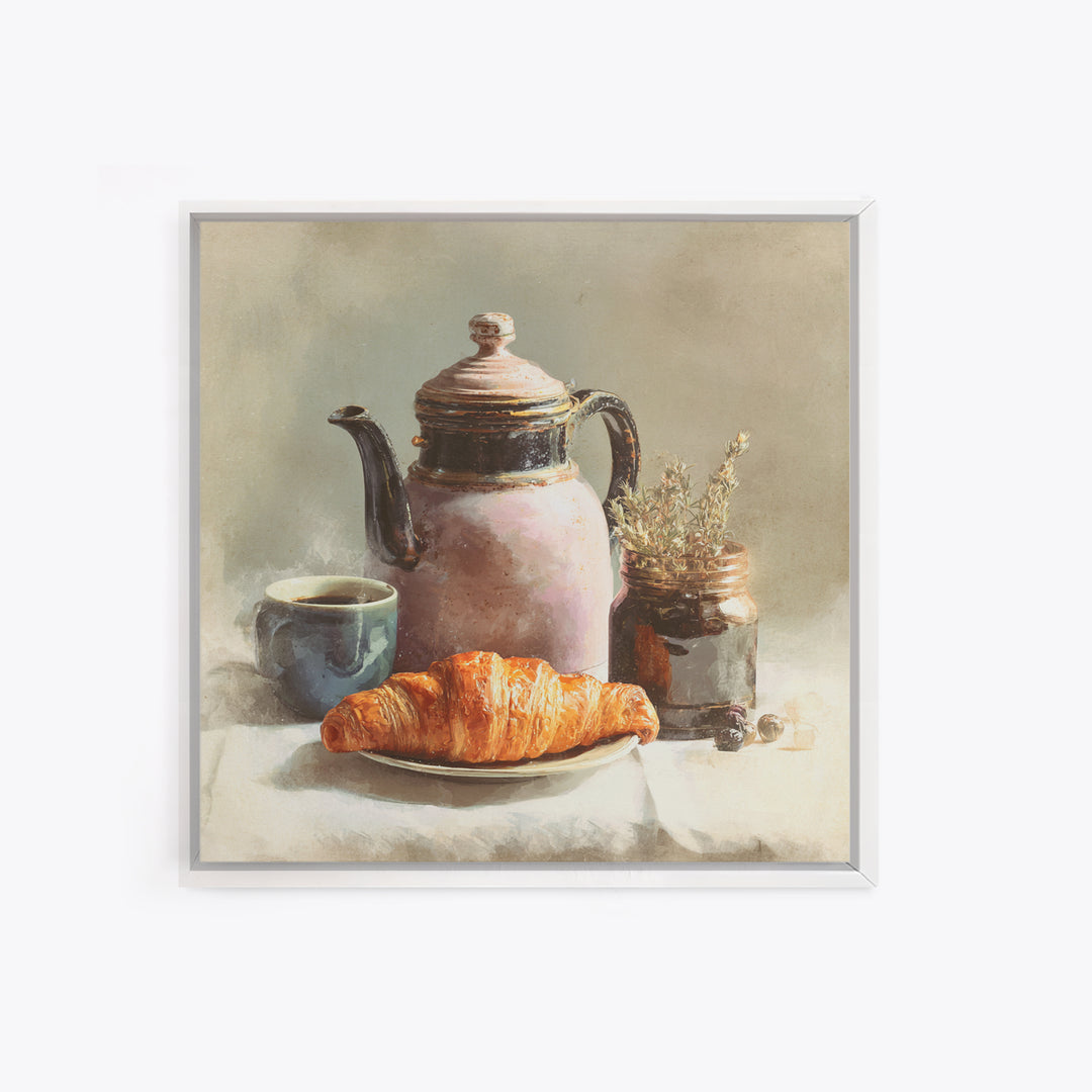 Coffee Pot and Croissant Morning Still Life Framed Canvas Print, Kitchen Art, Fine Art Print, Kitchen Decor, Oil Painting, KIT-1x1-79