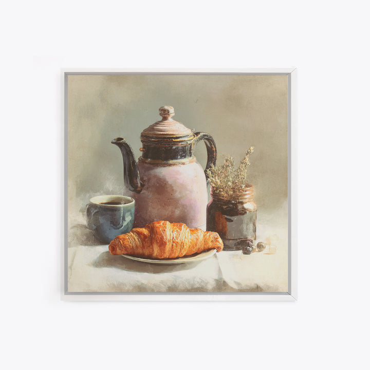 Coffee Pot and Croissant Morning Still Life Framed Canvas Print, Kitchen Art, Fine Art Print, Kitchen Decor, Oil Painting, KIT-1x1-79