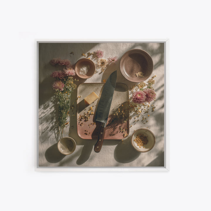 Chef Knives and Herbs Arranged as Graphic Canvas Print, Kitchen Art, Neutral Decor, Kitchen Decor, Oil Painting, Kitchen, KIT-1x1-82
