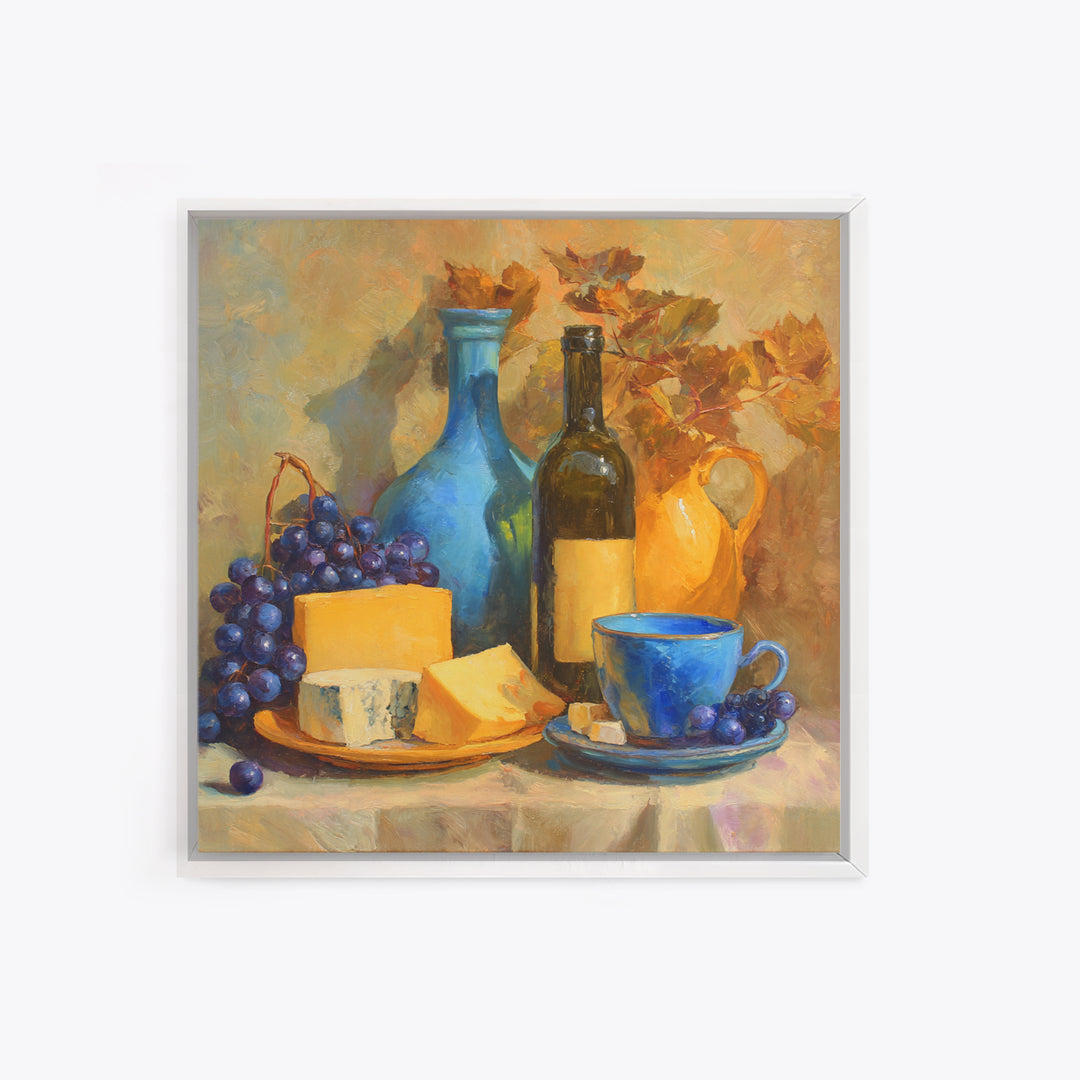 Wine Bottle Grapes and Cheese Still Life Framed Canvas Print, Kitchen Art, Kitchen Print, Kitchen Decor, Abstract Art, Kitchen, KIT-1x1-84