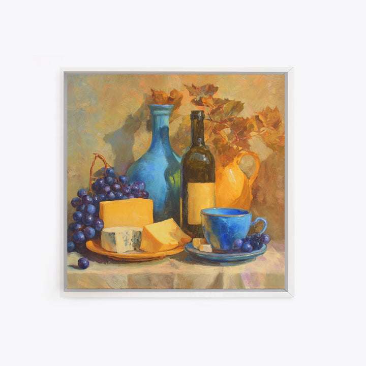 Wine Bottle Grapes and Cheese Still Life Framed Canvas Print, Kitchen Art, Kitchen Print, Kitchen Decor, Abstract Art, Kitchen, KIT-1x1-84