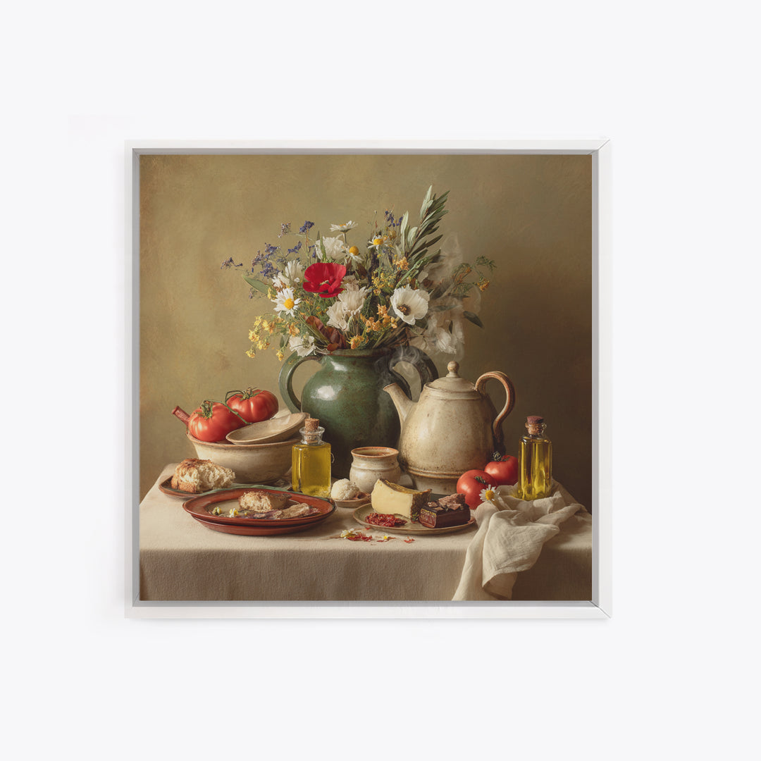 Tea Kettle with Steam and Wildflowers Canvas Print, Kitchen Art, Modern Decor, Kitchen Decor, Oil Painting, Kitchen, Home Decor, KIT-1x1-86
