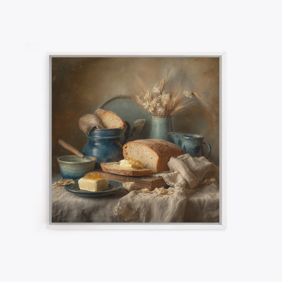 Fresh Bread with Butter and Honey Canvas Print, Kitchen Art, Coffee Print, Kitchen Decor, Fine Art, Kitchen, Textured Painting, KIT-1x1-90