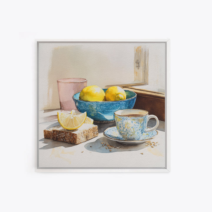 Lemons and Blue Ceramic Bowl Still Life Canvas Print, Kitchen Art, Boho Decor, Kitchen Decor, Fine Art, Kitchen, Wall Decor, KIT-1x1-98
