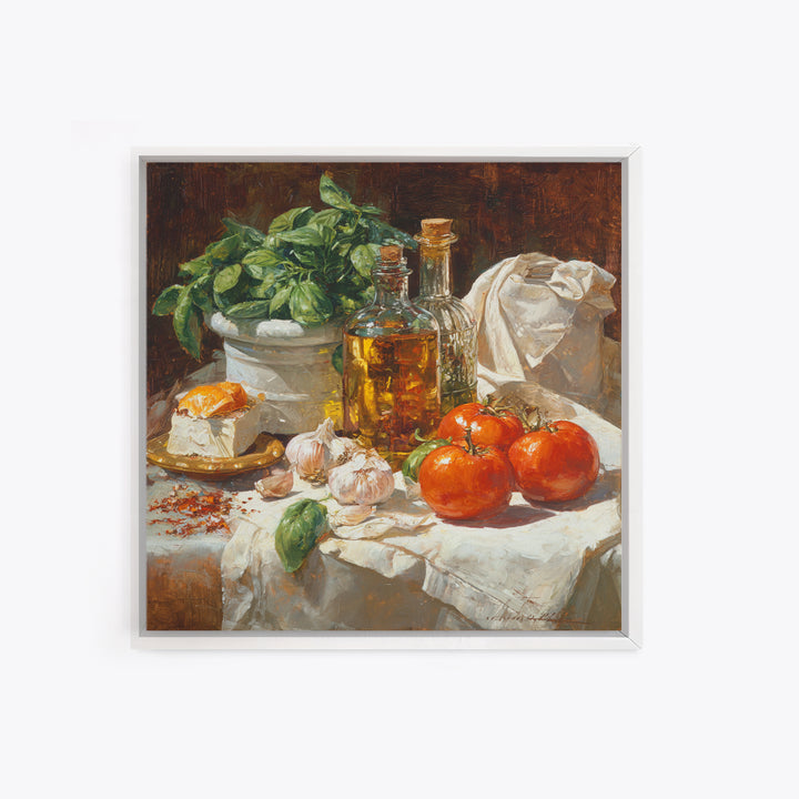 Tomatoes Garlic and Basil on Linen Canvas Print, Kitchen Art, Wall Art, Kitchen Decor, Fine Art, Kitchen, Kitchen Wall Art, KIT-1x1-99