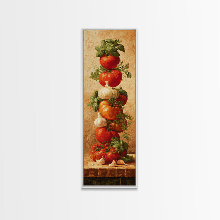 Tomatoes Garlic and Basil on Linen Framed Canvas Print, Kitchen Art, Home Decor, Kitchen Decor, Fine Art, Kitchen, KIT-1x3-15
