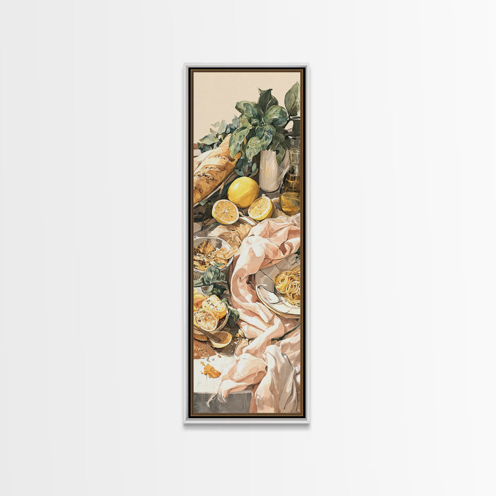 Pasta Lemons and Basil Mediterranean Still Life Framed Canvas Print, Kitchen Art, Modern Decor, Kitchen Decor, Kitchen, KIT-1x3-29