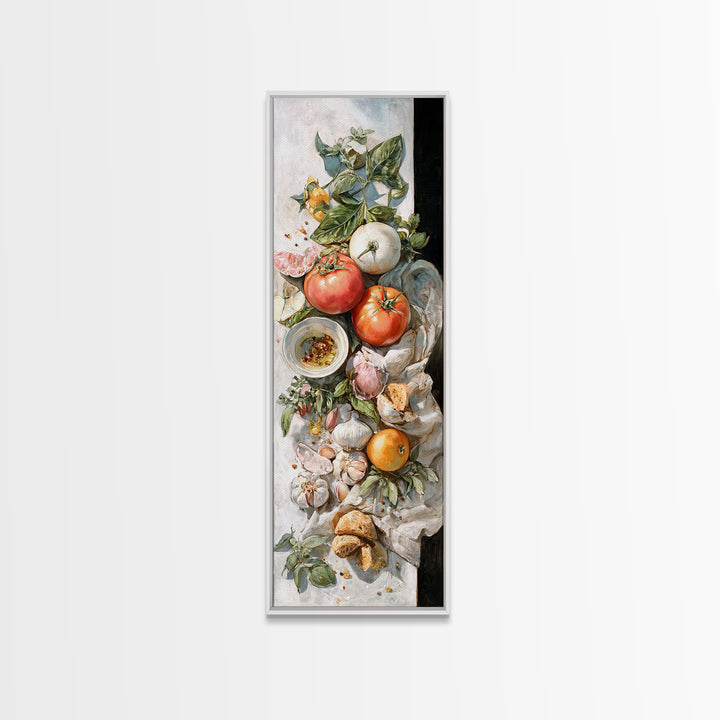 Tomatoes Garlic and Basil on Linen Canvas Print, Kitchen Art, Art Prints, Kitchen Decor, Fine Art, Kitchen, Modern Art, KIT-1x3-39