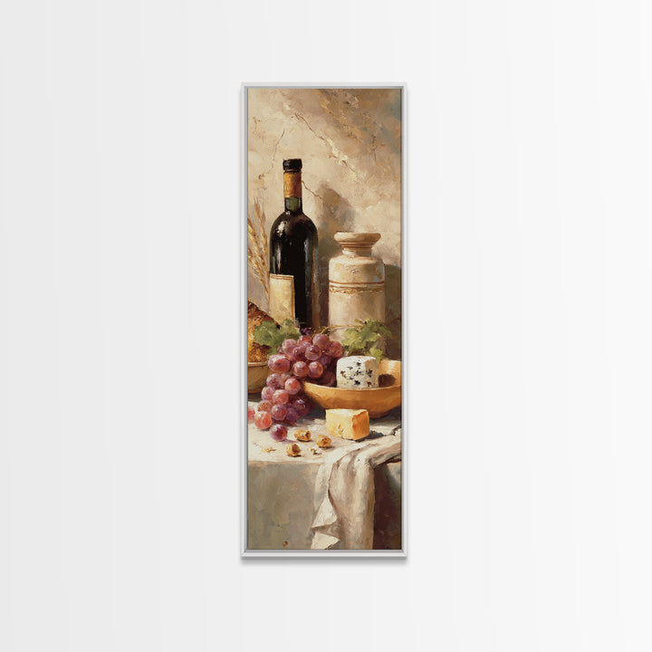 Wine Bottle Grapes and Cheese Still Life Canvas Print, Kitchen Art, Wall Art, Kitchen Decor, Watercolor Art, Kitchen, KIT-1x3-48