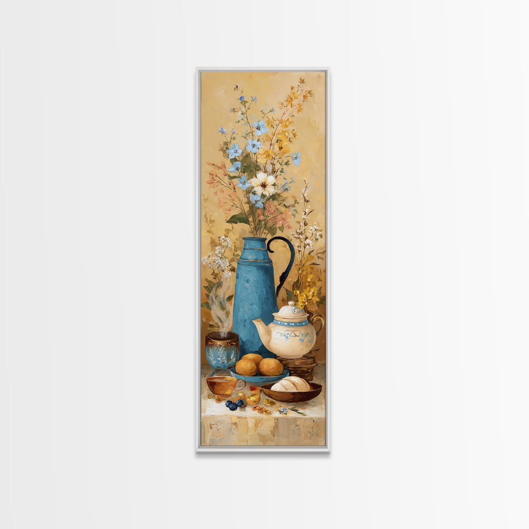 Tea Kettle with Steam and Wildflowers Framed Canvas Print, Kitchen Art, Kitchen Art Print, Kitchen Decor, Watercolor Art, KIT-1x3-50