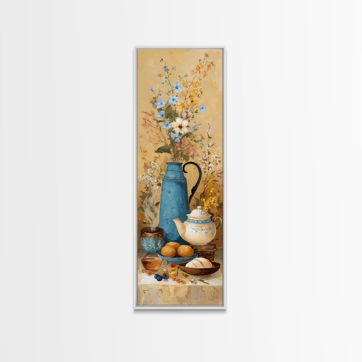 Tea Kettle with Steam and Wildflowers Framed Canvas Print, Kitchen Art, Kitchen Art Print, Kitchen Decor, Watercolor Art, KIT-1x3-50