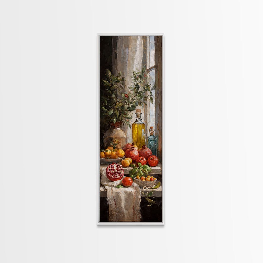 Figs Pomegranates and Linen Composition Framed Canvas Print, Kitchen Art, Dining Room Wall Art, Kitchen Decor, Abstract Art, KIT-1x3-58
