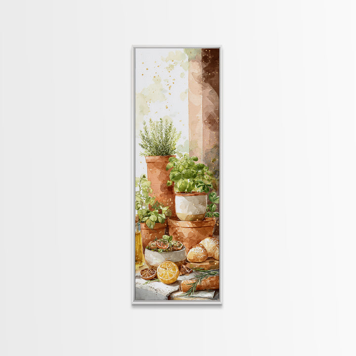 Fresh Herbs in Terracotta Pots Framed Canvas Print, Kitchen Art, Textured Painting, Kitchen Decor, Fine Art, Kitchen, KIT-1x3-61