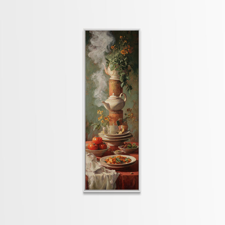 Tea Kettle with Steam and Wildflowers Framed Canvas Print, Kitchen Art, Kitchen Art Print, Kitchen Decor, Watercolor Art, KIT-1x3-74