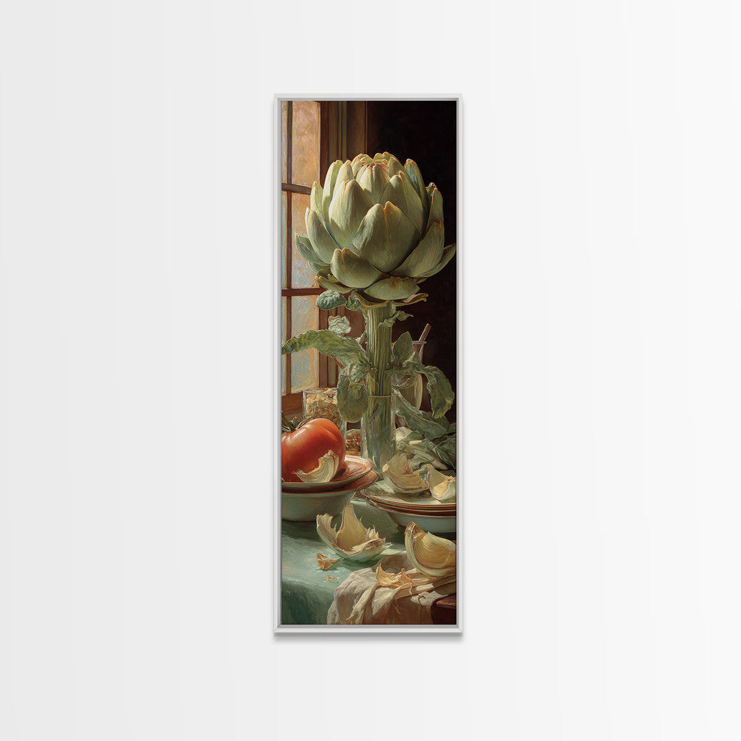 Artichoke Closeup in Painterly Green Tones Framed Canvas Print, Kitchen Art, Statement Artwork, Kitchen Decor, Kitchen, KIT-1x3-8