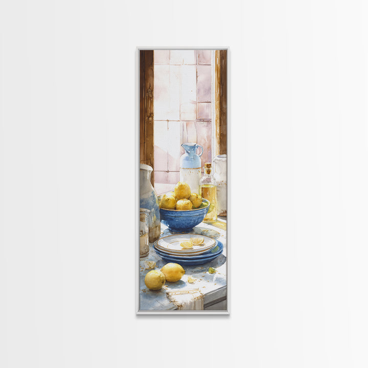 Lemons and Blue Ceramic Bowl Still Life Canvas Print, Kitchen Art, Luxury Decor, Kitchen Decor, Fine Art, Kitchen, Art Prints, KIT-1x3-86