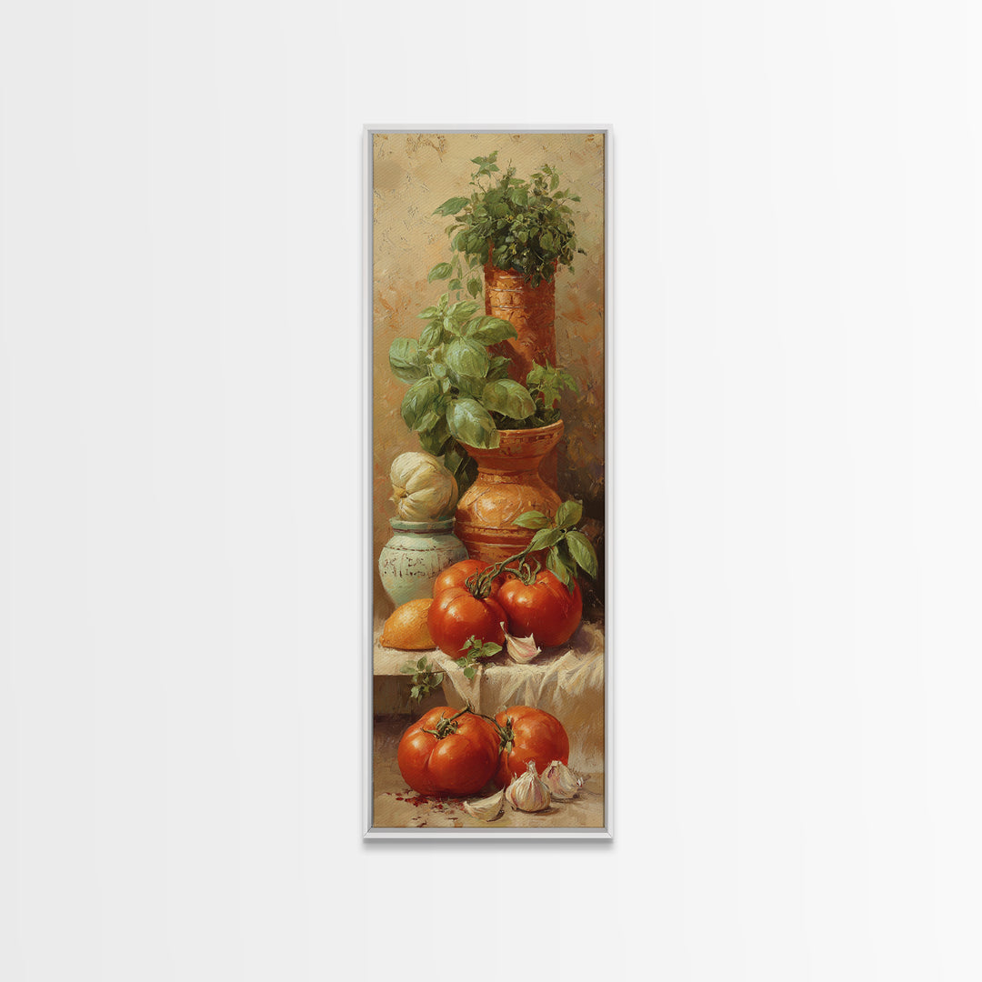 Tomatoes Garlic and Basil on Linen Framed Canvas Print, Kitchen Art, Trendy Wall Art, Kitchen Decor, Abstract Art, Kitchen, KIT-1x3-87