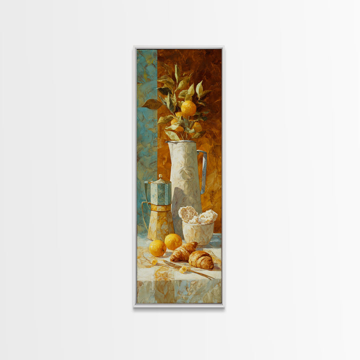Coffee Pot and Croissant Morning Still Life Framed Canvas Print, Kitchen Art, Dining Room Wall Art, Kitchen Decor, Oil Painting, KIT-1x3-91