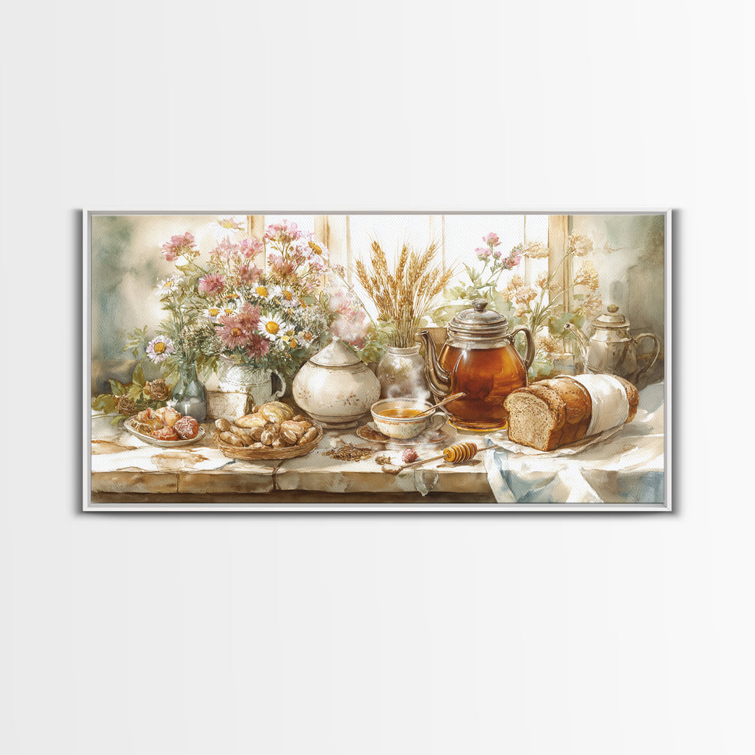 Tea Kettle with Steam and Wildflowers Framed Canvas Print, Kitchen Art, Art Print, Kitchen Decor, Watercolor Art, Kitchen, KIT-2x1-10