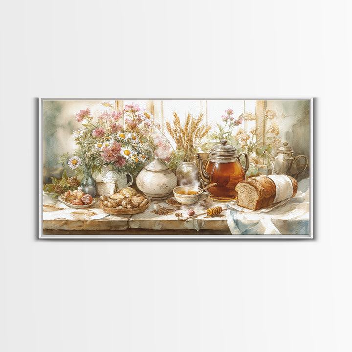 Tea Kettle with Steam and Wildflowers Framed Canvas Print, Kitchen Art, Art Print, Kitchen Decor, Watercolor Art, Kitchen, KIT-2x1-10