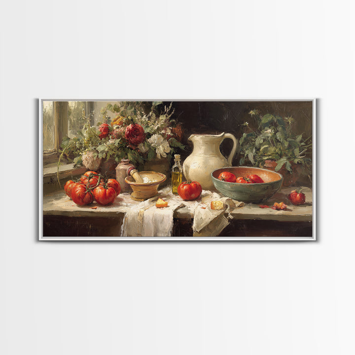 Floral Bouquet in a Kitchen Pitcher Framed Canvas Print, Kitchen Art, Statement Artwork, Kitchen Decor, Fine Art, Kitchen, KIT-2x1-20